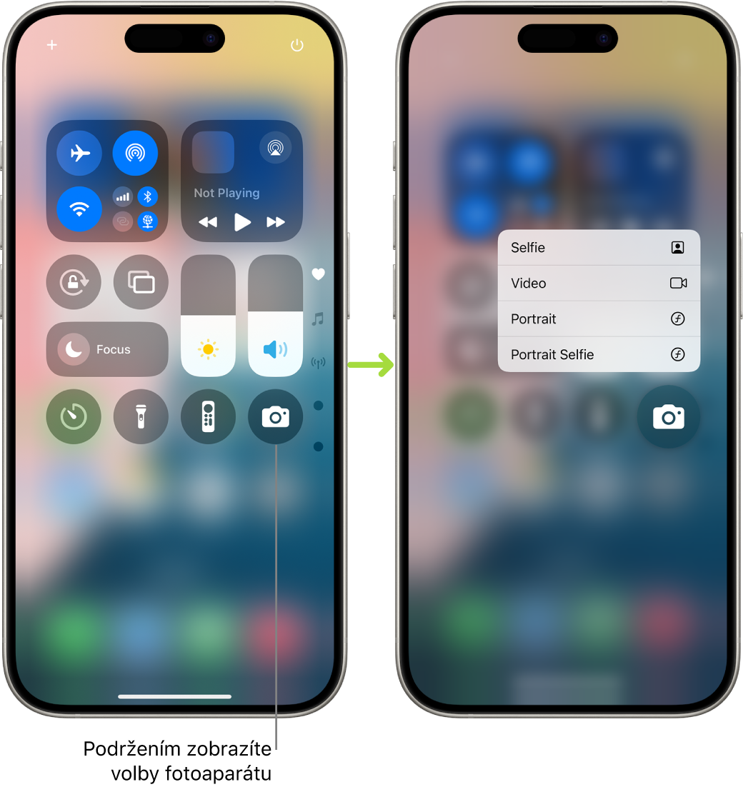 Dvě obrazovky Ovládacího centra vedle sebe. Na levé obrazovce jsou ve skupině vlevo nahoře vidět ovládací prvky pro Letový režim, mobilní data, Wi‑Fi a Bluetooth. Vpravo dole se nachází ikona Fotoaparát. Pravá obrazovka obsahuje další volby v nabídce rychlých akcí pro aplikaci Fotoaparát: Selfie, Video, Portrét a Portrétní selfie.