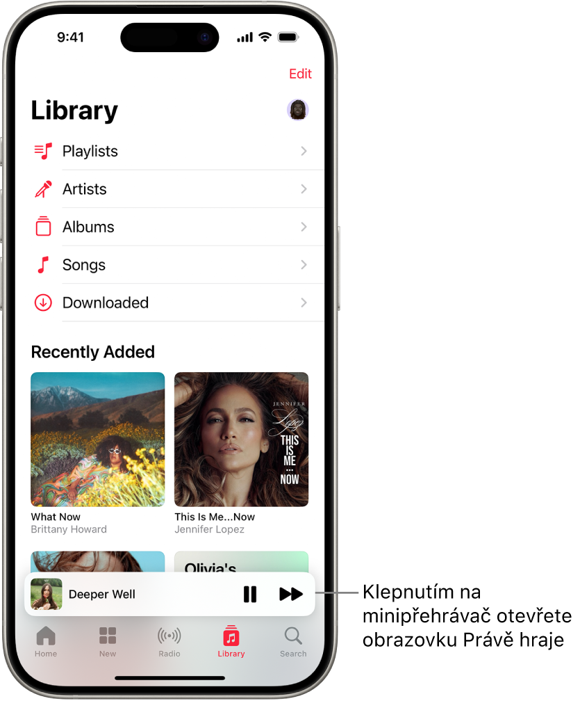 Obrazovka Knihovna s minipřehrávačem v dolní části. V minipřehrávači se zobrazuje název přehrávané skladby. Napravo od názvu se nacházejí tlačítka Pozastavit a Další. Klepnutím na minipřehrávač otevřete obrazovku Právě hraje.