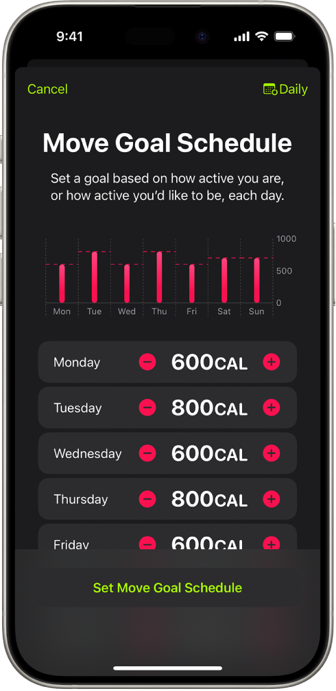 Obrazovka Fitness Move Goal Schedule, na které se zobrazují tlačítka pro zvýšení nebo snížení cíle pohybu podle dne v týdnu.