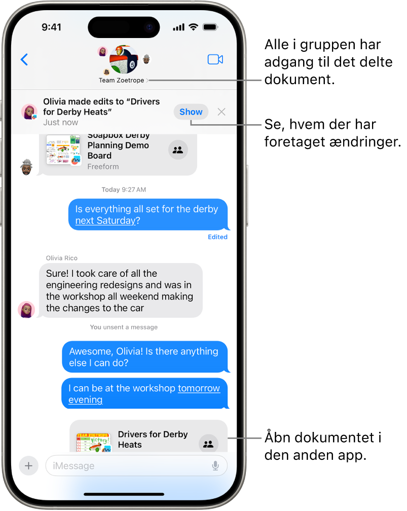 En gruppesamtale i Beskeder, herunder en invitation til samarbejde og opdateringer øverst i samtalevinduet.