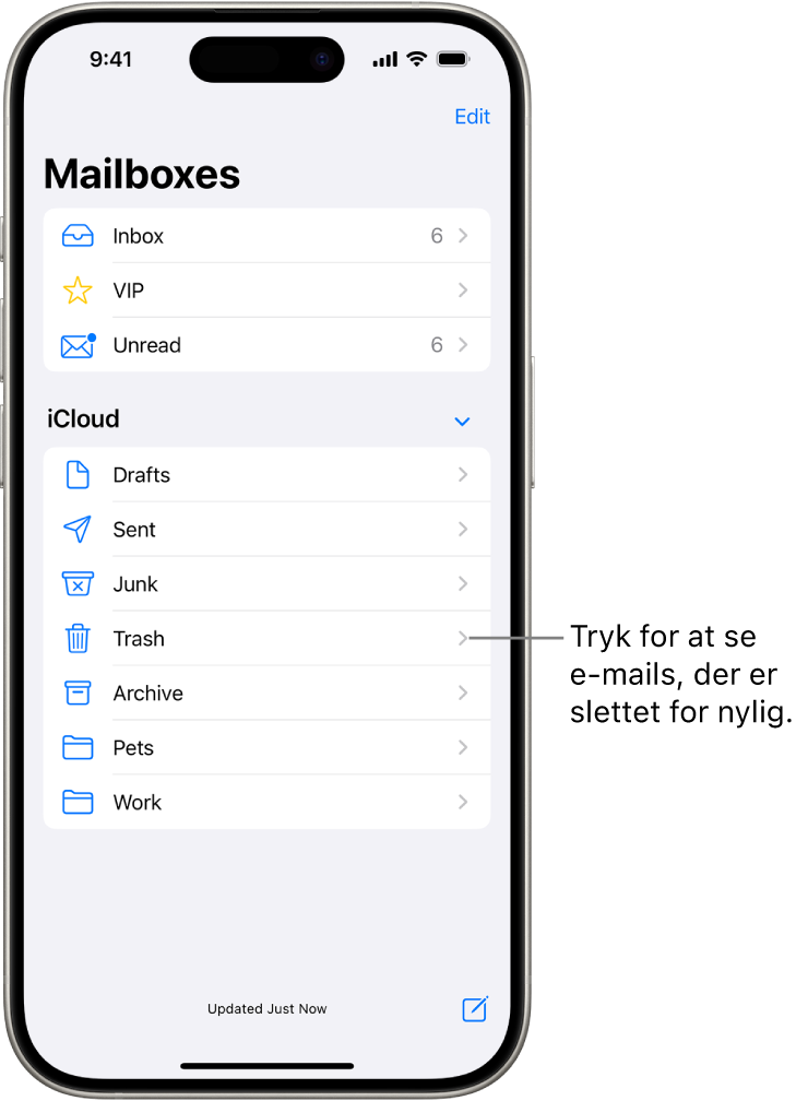 Skærmen Postkasser. Under iCloud er postkasserne vist fra top til bund, inklusive papirkurven. Tryk på den for at se nyligt slettede e-mails.