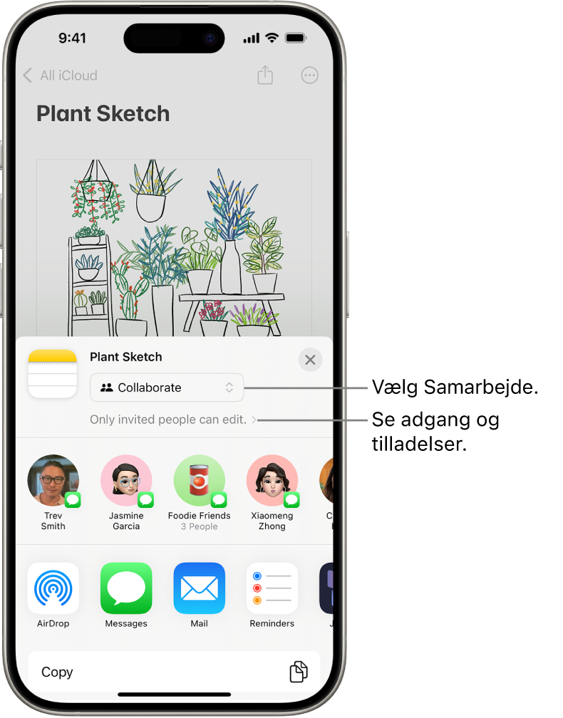 En samarbejdsinvitation til en tegning i Noter, der viser Samarbejde som delingsmulighed med tilladelsen ”Kun personer, du inviterer, kan redigere”. Fire mulige modtagere, herunder en gruppe, danner en række under nedenunder. Den nederste række indeholder forskellige måder at dele noten på: AirDrop, Beskeder, Mail og Freeform.