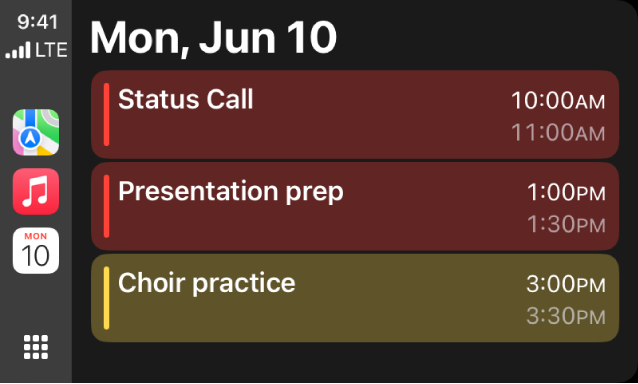 CarPlay, der viser Kort, Musik og Kalender i indholdsoversigten. Til højre er begivenhederne for mandag den 5. juni: Arbejdssession om portefølje, workshop om ledelseskompetencer, forberedelse af præsentation og kor.