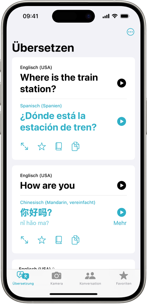 Der Tab „Übersetzen“ mit Sätzen, die vom Englischen ins Spanische und vom Englischen in Mandarin übersetzt wurden.