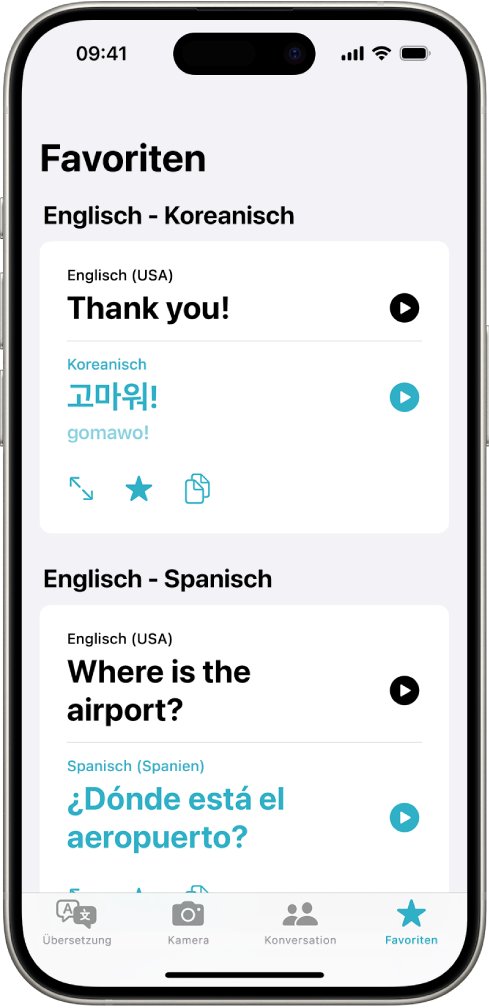 Der Tab „Favoriten“ mit gesicherten Sätzen, die vom Englischen ins Koreanische und vom Englischen ins Spanische übersetzt wurden.