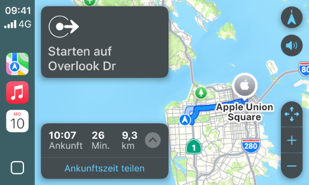 CarPlay mit den Optionen „Karten“, „Musik“ und „Kalender“ in der Seitenleiste. Auf der rechten Seite wird die Route von „Apple Park“ nach „Apple Union Station“ angezeigt.