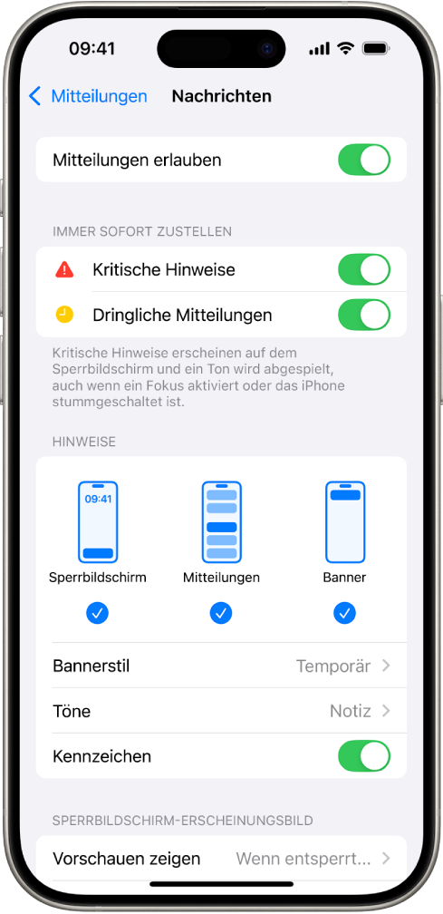 iPhone mit Einstellungen für Mitteilungen und Hinweise für die App „Nachrichten“.