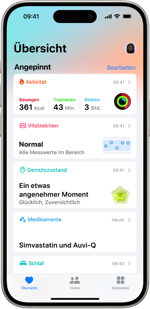 Der Bildschirm „Übersicht“ in der App „Health“. Informationen über Aktivität, Vitalzeichen, Gemütszustand und Medikamente werden unter „Favoriten“ angezeigt.