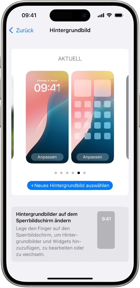 Der Einstellungsbildschirm für das Hintergrundbild mit Tasten zum Anpassen des aktuellen Hintergrundbildes auf dem Home-Bildschirm und Sperrbildschirm und der Taste „Neues Hintergrundbild auswählen“ zum Ändern des Hintergrundbildes.