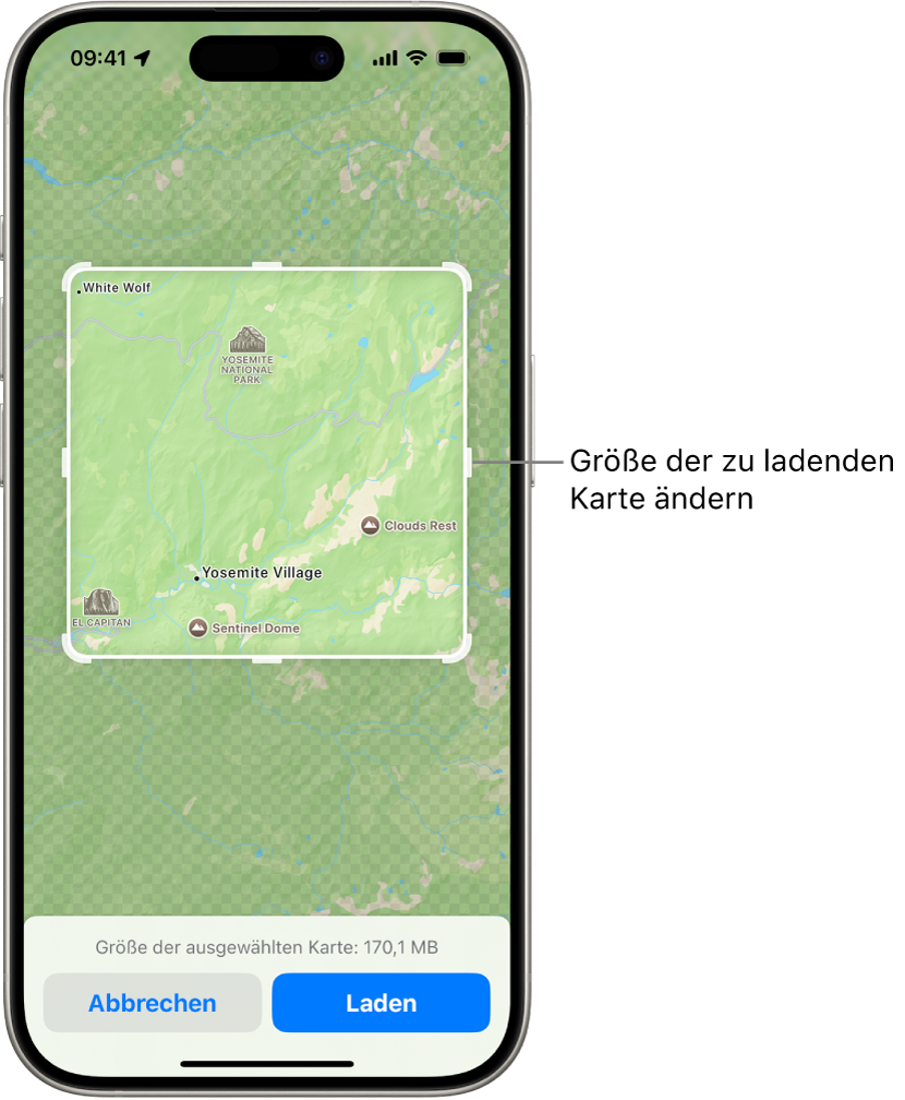 Eine Karte eines Nationalparks. Um den Park herum befindet sich ein Rahmen mit Aktivpunkten, die bewegt werden können, um die Größe der zu ladenden Karte zu ändern. Die ausgewählte Ladegröße für die Karte wird unten am Kartenrand angegeben. Die Tasten „Abbrechen“ und „Laden“ befinden sich unten auf dem Bildschirm.