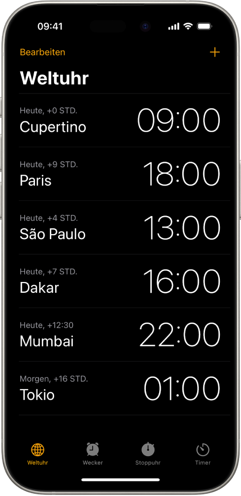 Der Tab „Weltuhr“ mit der Uhrzeit in verschiedenen Städten. Mit der Taste „Bearbeiten“ oben links kannst du Uhren neu anordnen oder löschen. Mit der Taste „Hinzufügen“ oben rechts kannst du weitere Uhren hinzufügen. Unten befinden sich Tasten „Weltuhr“, „Wecker“, „Stoppuhr“ und „Timer“.