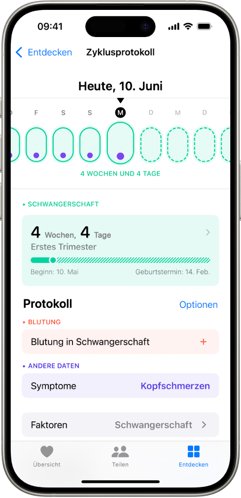 Der Bildschirm „Zyklusprotokoll“ mit einer Schwangerschaftszeitleiste für eine Woche im oberen Bereich. Die ersten 5 Tage der Zeitleiste sind mit hellgrünen Ovalen und violetten Punkten markiert. Die übrigen Tage der Zeitleiste sind mit gestrichelten hellgrünen Ovalen markiert. Unter der Zeitleiste befindet sich die Schwangerschaftsübersicht mit dem Schwangerschaftsalter, dem Anfangsdatum und dem berechneten Geburtstermin. Unter der Schwangerschaftsübersicht befinden sich Optionen zum Hinzufügen von Informationen über Blutungen während der Schwangerschaft, Symptome und mehr.