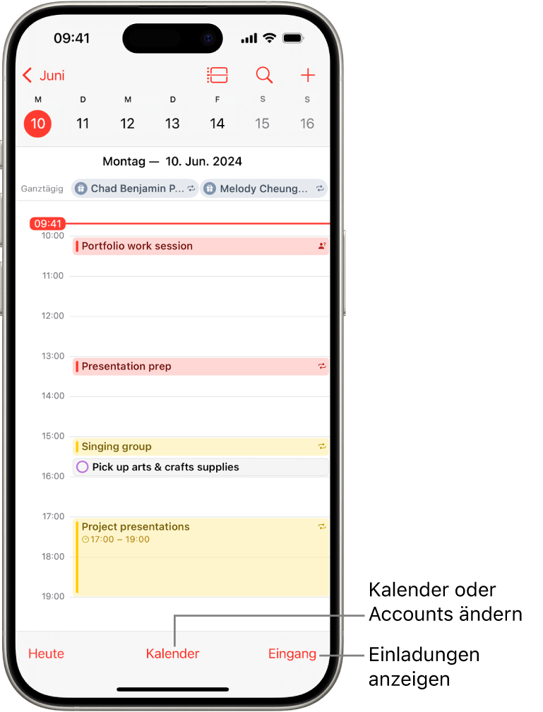 Ein Kalender in der Tagesansicht mit den Ereignissen des Tags. Die Taste „Kalender“ befindet sich in der unteren Bildschirmmitte und die Taste „Eingang“ unten rechts auf dem Bildschirm.