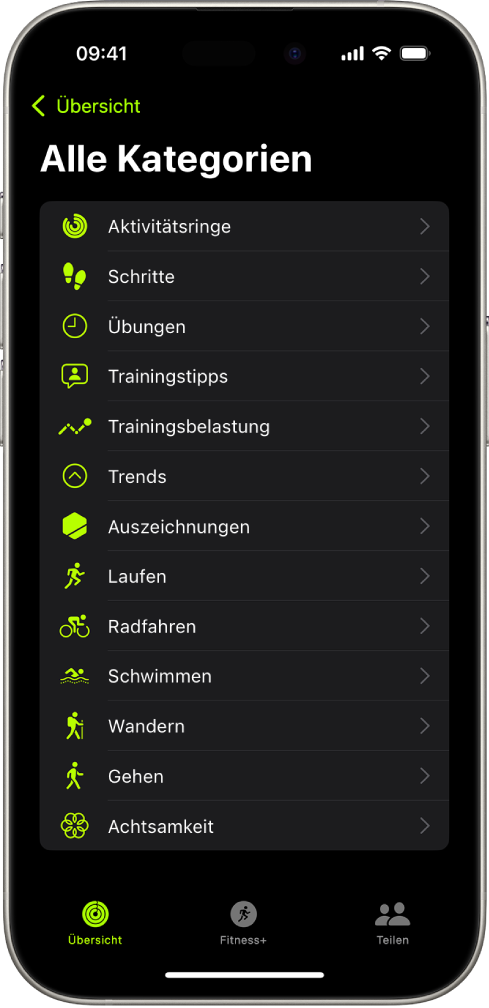 Der Bildschirm „Fitness“ mit einer Liste von Fitnesskategorien.