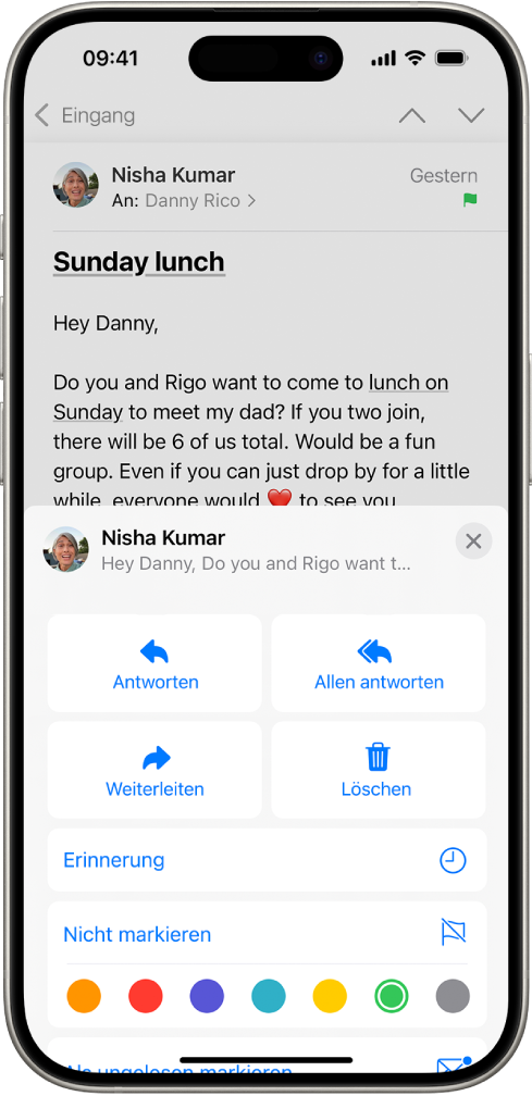 Eine E-Mail mit Antwortoptionen in der unteren Bildschirmhälfte, darunter die Taste „Nicht markieren“ und Farboptionen für Markierungen.