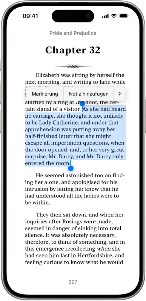 Eine Buchseite in der App „Bücher“. Ein Teil des Texts auf der Seite ist ausgewählt. Die Steuerelemente „Markieren“, „Notiz hinzufügen“ und „Übersetzen“ werden über dem ausgewählten Text angezeigt.