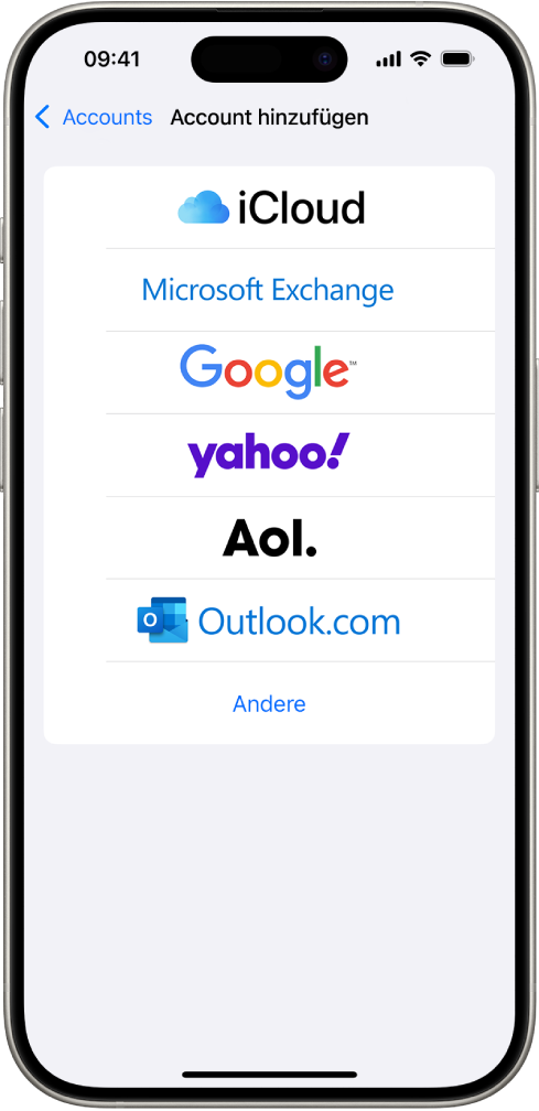 Der Bildschirm „Account hinzufügen“, auf dem die Optionen „iCloud“, „Microsoft Exchange“, „Google“, „Yahoo“, „AOL“, und „Andere“ zur Verfügung stehen.