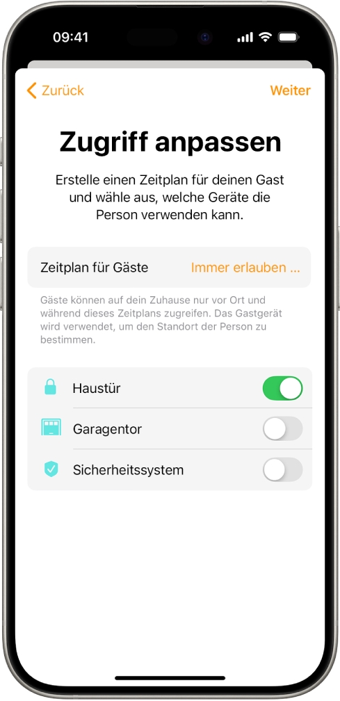 Der Bildschirm „Zugriff anpassen“ in der App „Home“. Oben auf dem Bildschirm befindet sich der Zeitplan für Gäste und darunter die Geräte, auf die der Gast Zugriff bzw. keinen Zugriff hat.