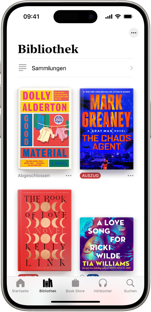 Der Bildschirm „Bibliothek“ in der App „Bücher“. Oben auf dem Bildschirm befindet sich die Taste „Sammlungen“. In der Mitte des Bildschirms werden Buchcover angezeigt. Unten auf dem Bildschirm sind von links nach rechts die Tabs „Home“, „Bibliothek“, „Book Store“, „Hörbücher“ und „Suchen“ zu sehen. Der Tab „Bibliothek“ ist ausgewählt.
