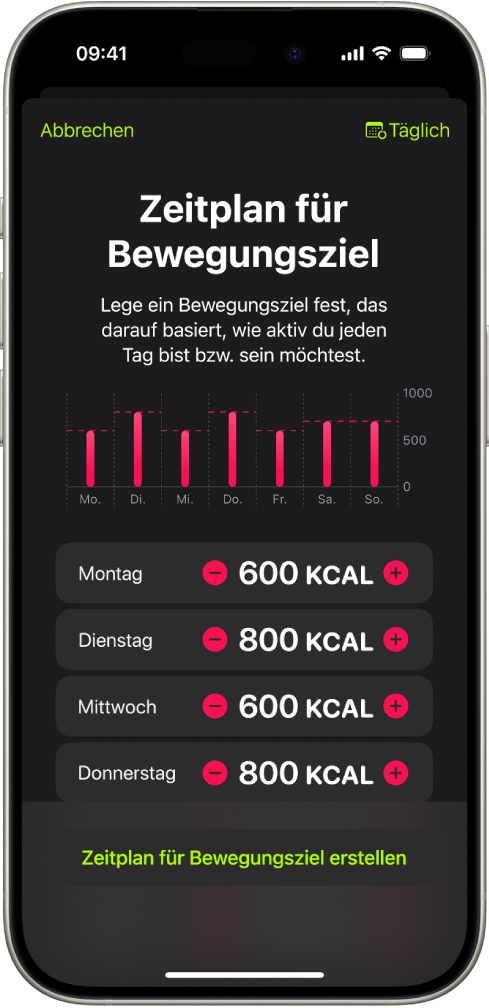 Der Bildschirm „Zeitplan für Bewegungsziel“ der App „Fitness“ zeigt Tasten zum Erhöhen oder Verringern des täglichen Bewegungsziels für jeden Wochentag.