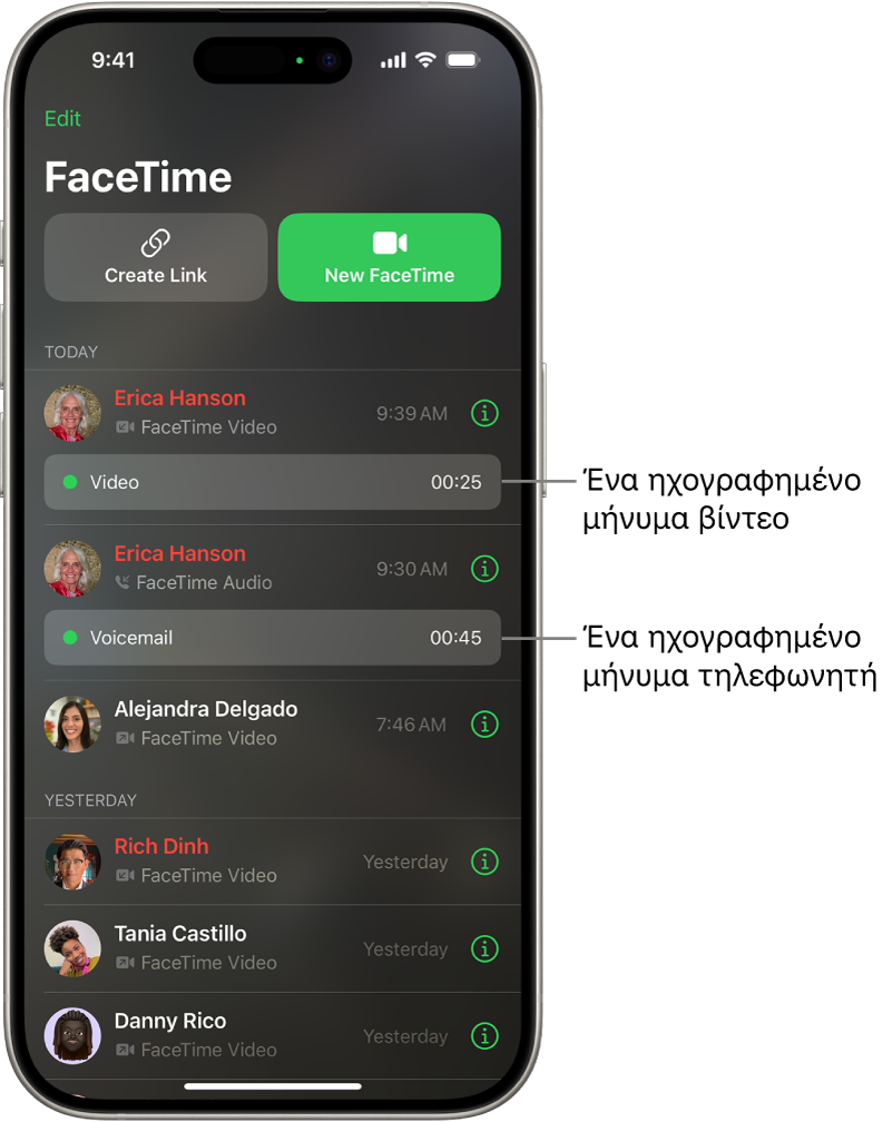 Το ιστορικό κλήσεων FaceTime, με συνδέσμους προς ένα εγγεγραμμένο μήνυμα βίντεο και ένα μήνυμα τηλεφωνητή.