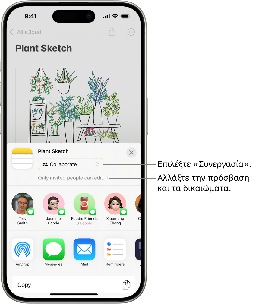 Μια πρόσκληση συνεργασίας σε ένα σχέδιο στις Σημειώσεις, όπου φαίνονται η Συνεργασία ως επιλογή κοινής χρήσης και το στοιχείο «Μόνο τα προσκεκλημένα άτομα έχουν δικαίωμα επεξεργασίας» ως η ρύθμιση πρόσβασης και δικαιώματος. Τέσσερις πιθανοί αποδέκτες, συμπεριλαμβανομένης μιας ομάδας, εμφανίζονται σε μια σειρά παρακάτω. Η κάτω σειρά προσφέρει διαφορετικούς τρόπους κοινής χρήσης της σημείωσης: AirDrop, Μηνύματα, Mail και Freeform.