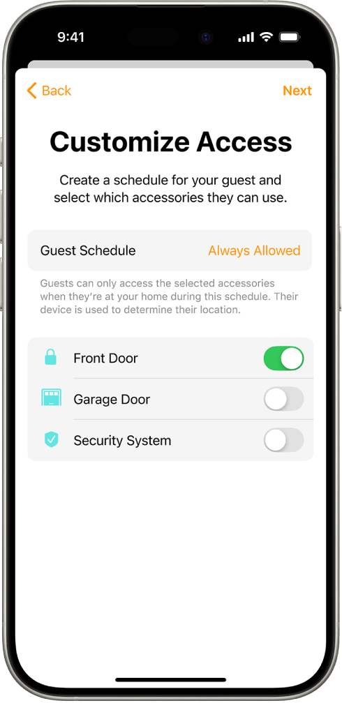 The Customize Access screen in the Home app. At the top of the screen is the Guest Schedule and below that are accessories the guest may or may not access.