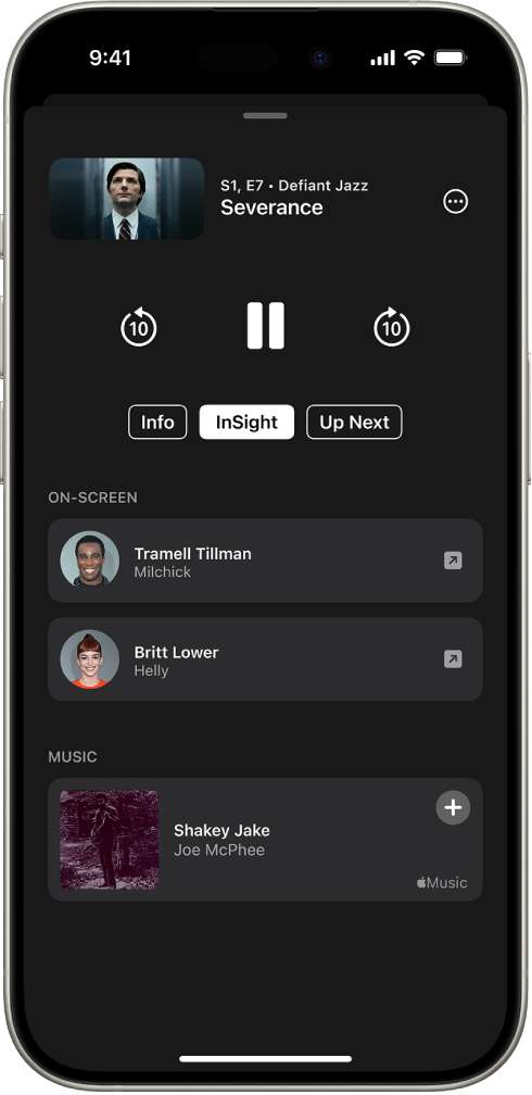 The InSight screen in the Apple TV app that shows the actors and music playing in the show above.