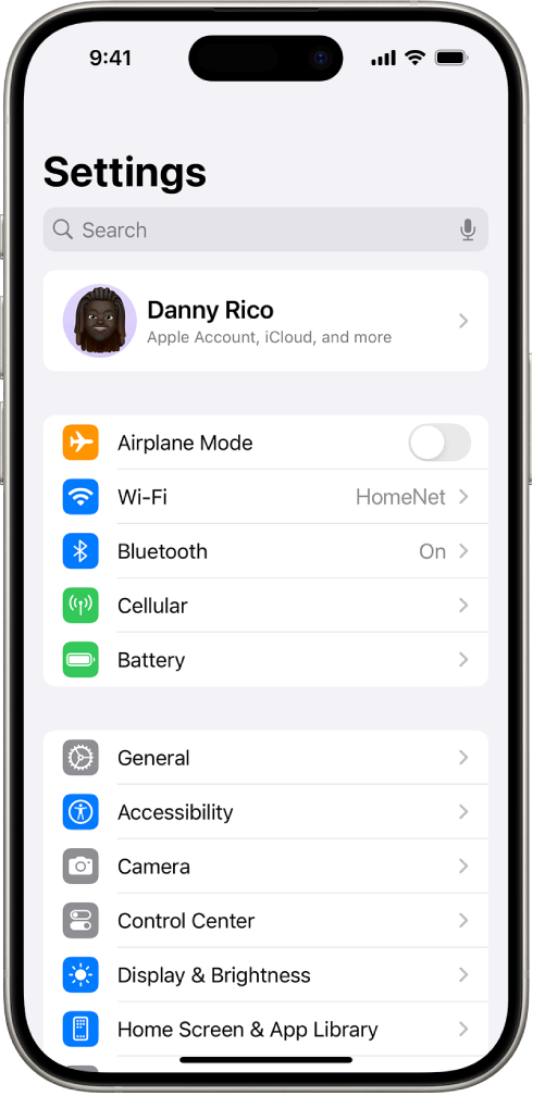 The Settings screen showing that iPhone is connected to a Wi-Fi network called HomeNet.