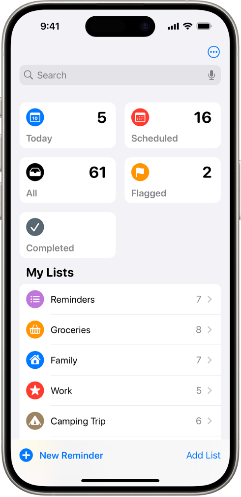 A Reminders screen with Smart Lists at the top and regular lists below.