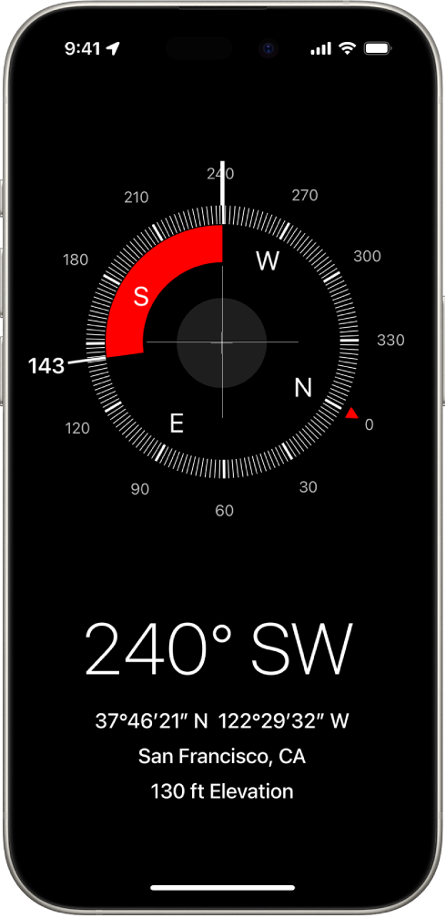 The Compass screen showing the direction iPhone is pointing in, the current location, and the elevation.