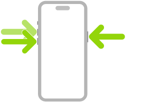 An illustration of iPhone with arrows pointing to the side button on the upper right and the volume up and volume down buttons on the upper left.