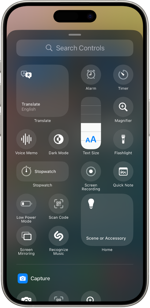 The controls gallery, showing all the optional controls that can be added to Control Center groups and the bottom of the Lock Screen.