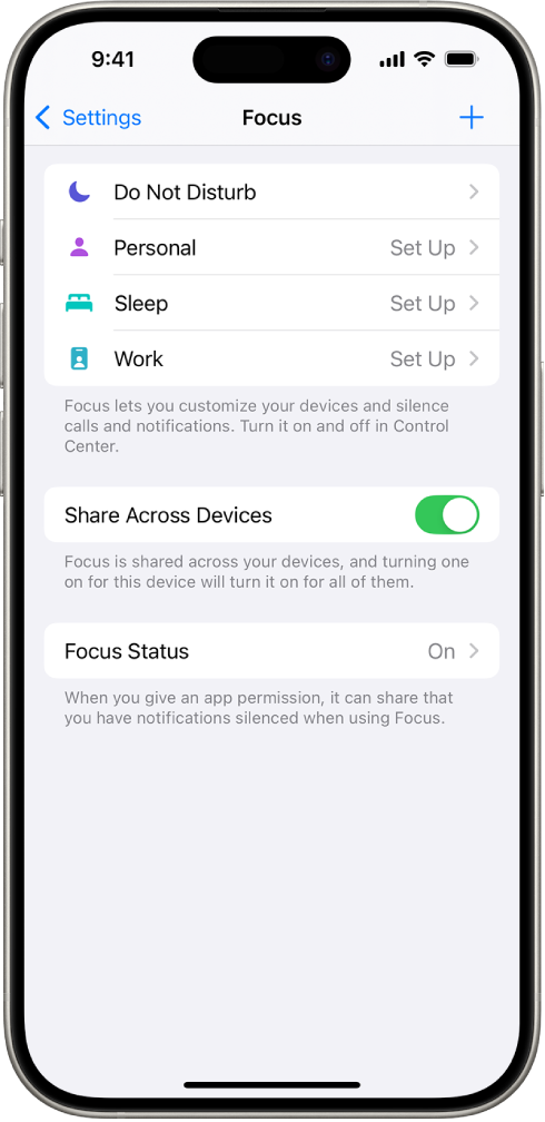 A screen showing five provided Focus options—Do Not Disturb, No messages during calls, Sleep, Personal, and Work. The Share Across Devices option is on, which allows the same Focus settings to be used across your Apple devices.