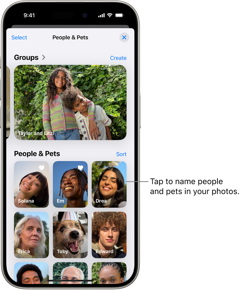 The People & Pets collection in the Photos app. Groups appear at the top, and people and pets are listed below.