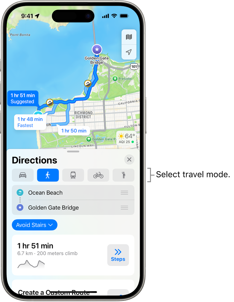 A map showing several route options between two locations, with buttons for choosing other travel modes, switching the starting point and destination, and viewing directions as steps.