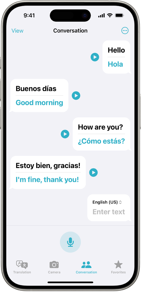 La pestaña Conversación mostrando globos de mensajes y sus traducciones.