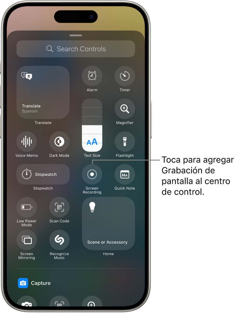 En la galería de controles, el botón Grabación de pantalla está en el centro de la pantalla.
