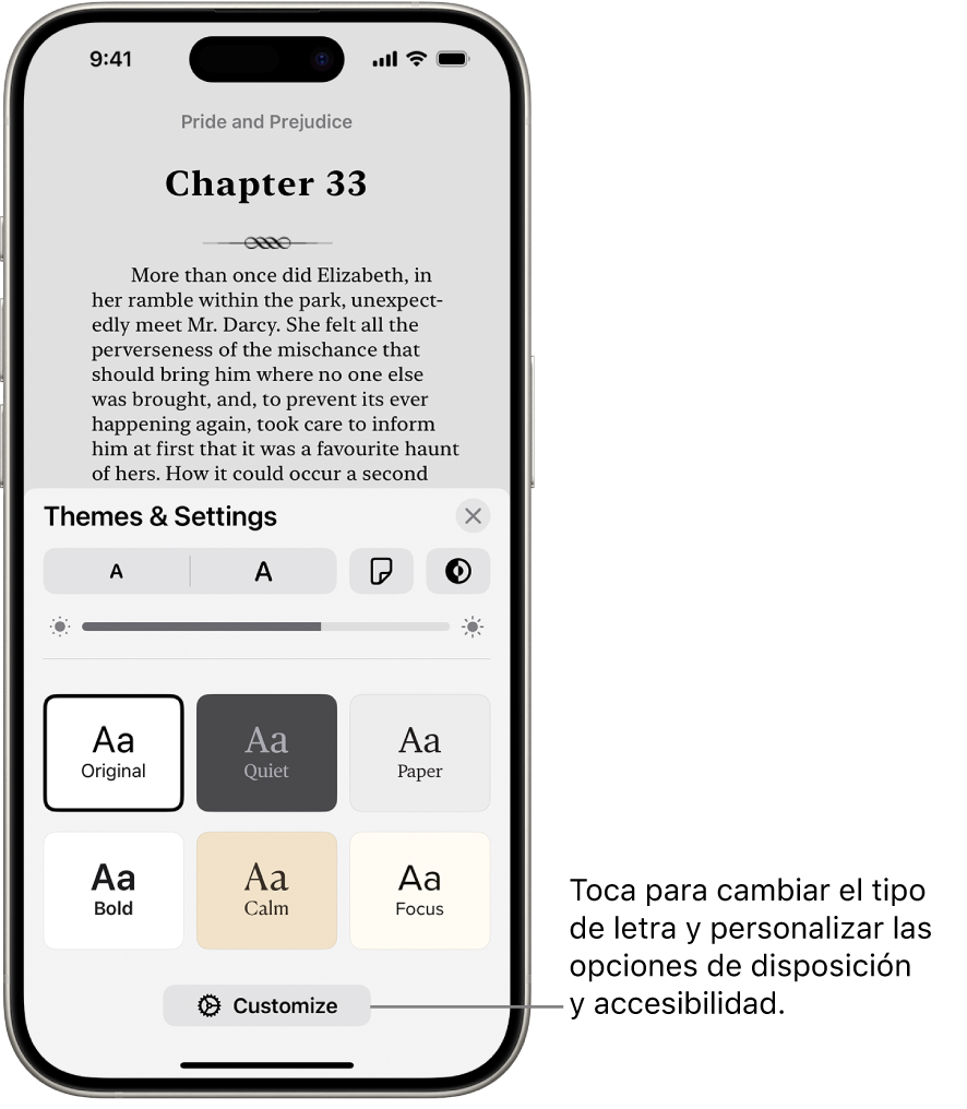 Una página en un libro en la app Libros. Las opciones de temas y configuraciones muestran controles para el tamaño de letra, la visualización de desplazamiento, el estilo de pasar páginas, el brillo y los estilos de tipo de letra.