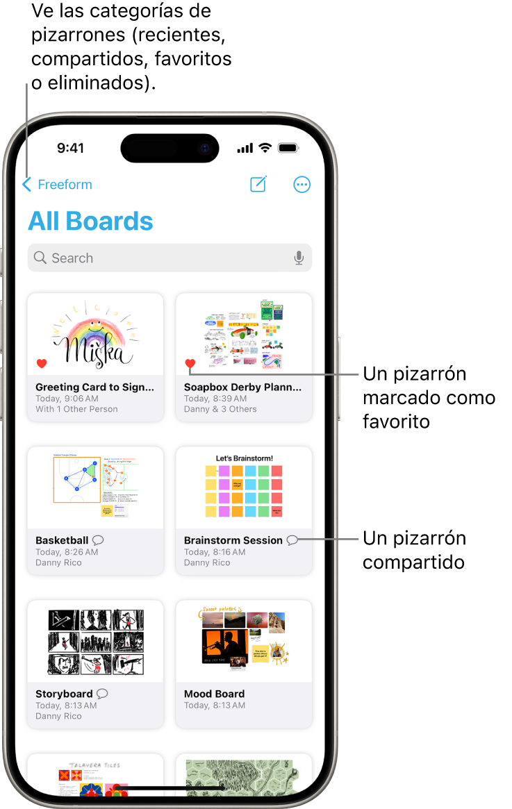 La pantalla Todos los pizarrones de Freeform está abierta y muestra ocho miniaturas de pizarrones.