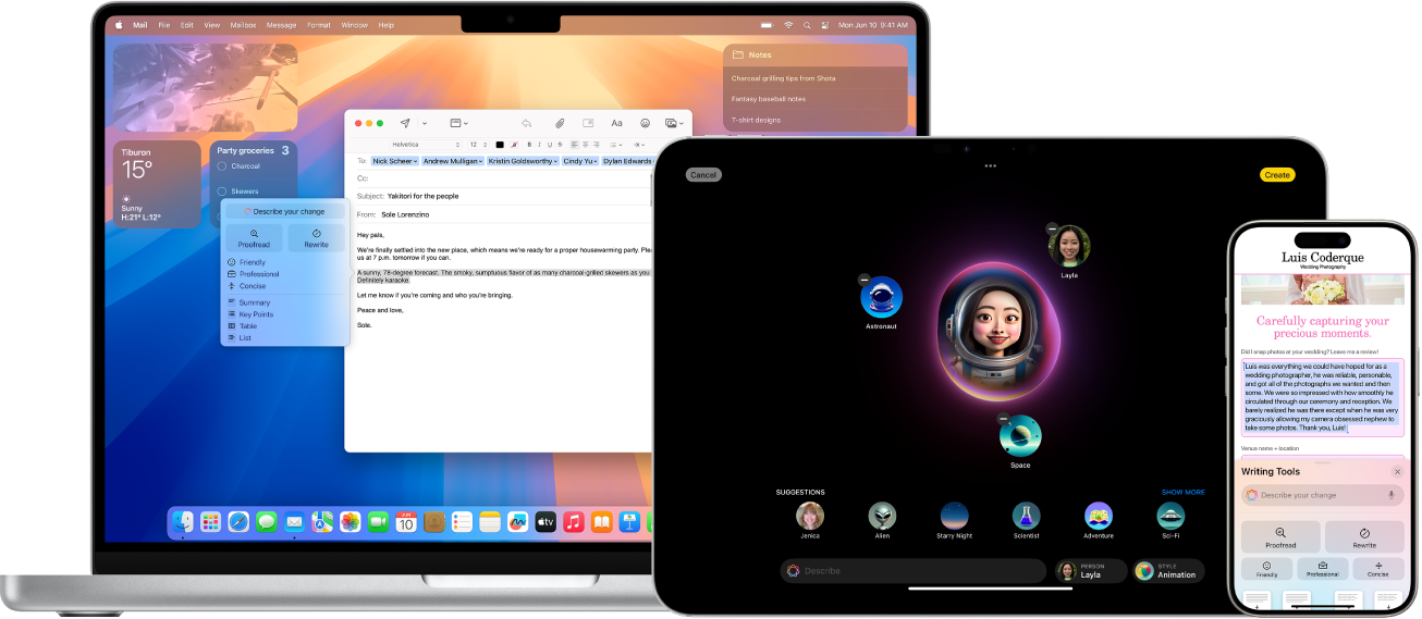 De izquierda a derecha, una Mac muestra cómo se usan las herramientas de escritura en un correo electrónico, un iPad muestra Image Playground y un iPhone muestra un Genmoji como parte de un hilo de mensajes.