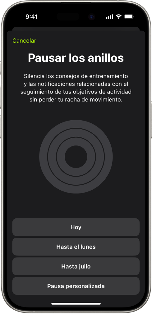 Pantalla “Pausar los anillos” de la app Fitness con opciones para pausar los anillos de actividad.