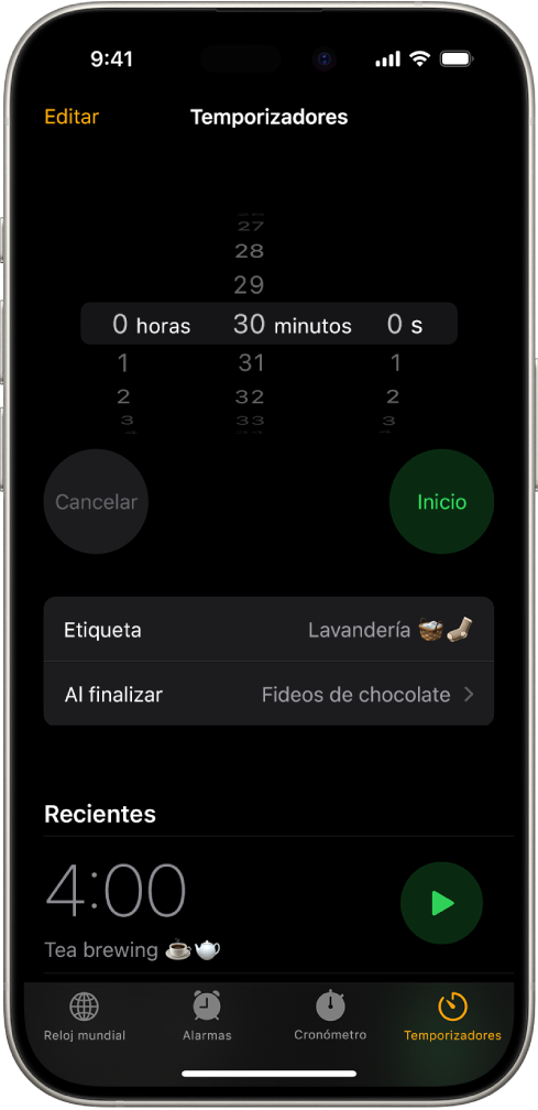 Pantalla para añadir un temporizador con ajustes para definir la duración y un botón para iniciar el temporizador recién creado.