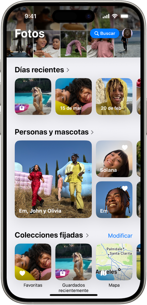 La app Fotos está abierta. En la parte superior de la pantalla se muestra la fototeca en una cuadrícula. Debajo están las colecciones “Días recientes”, “Personas y mascotas” y “Colecciones fijadas”.