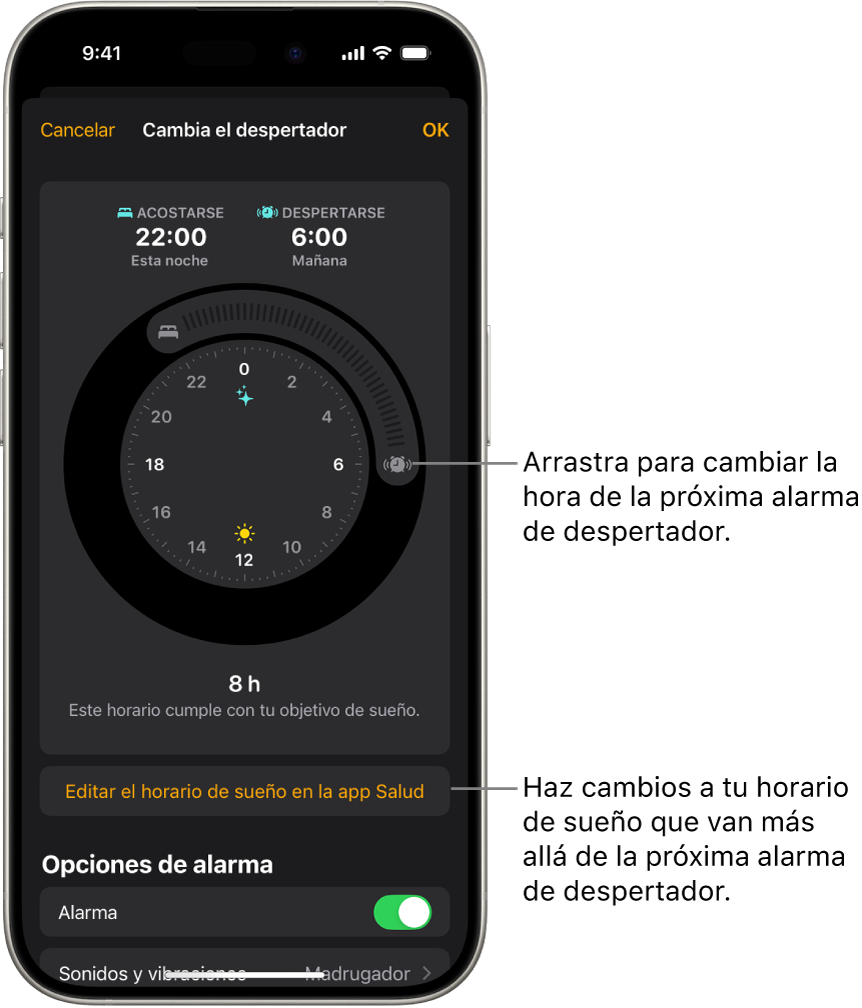 Pantalla para cambiar la próxima alarma de despertador. La posición del botón de alarma ajusta la hora de la alarma.