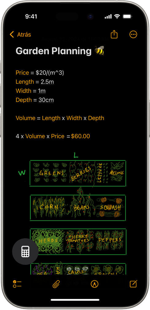 Nota matemática abierta en la app Calculadora con variables declaradas, ecuaciones y un dibujo del problema matemático.