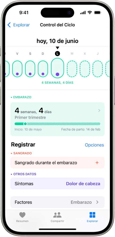 Pantalla “Control del ciclo” con una línea de tiempo de embarazo de una semana en la parte superior de la pantalla. Los óvalos verdes claros y los puntos morados marcan los primeros 5 días en la línea de tiempo. Los óvalos verde claros con la línea discontinua marcan los demás días de la línea de tiempo. Debajo de la línea está el resumen del embarazo que muestra la edad gestacional, la fecha de inicio y la fecha prevista de parto. Debajo de la línea de tiempo hay opciones para añadir información sobre sangrado durante el embarazo, síntomas, etc.