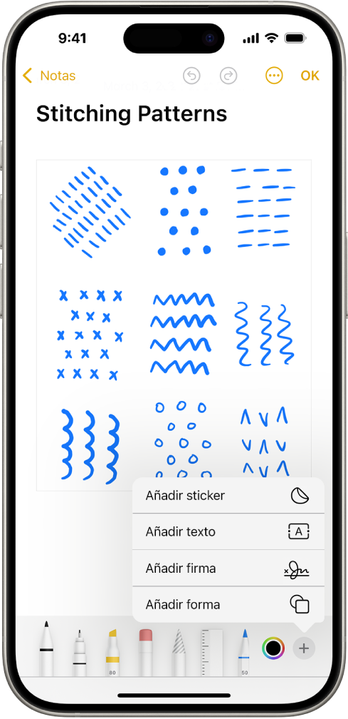 La barra de herramientas Marcación está abierta en la parte inferior de una nota en la app Notas y el botón Añadir en la esquina inferior derecha de la pantalla está seleccionado. Las siguientes opciones están disponibles en el menú Añadir: “Añadir sticker”, “Añadir texto”, “Añadir firma” y “Añadir figura”.