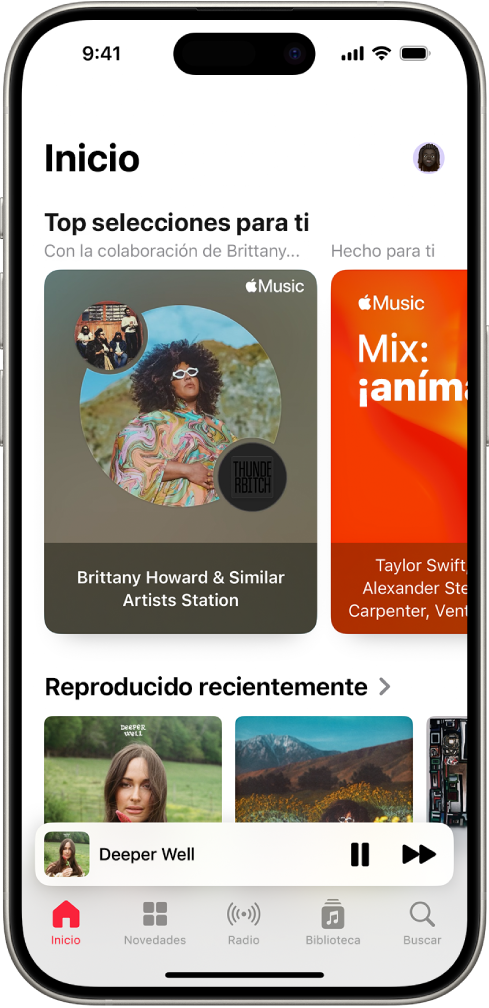 Pantalla de inicio de la app Música con “Top selecciones” en la parte superior. Puedes deslizar hacia la izquierda o la derecha para ver más música seleccionada solo para ti. Debajo se muestra “Reproducido recientemente”.