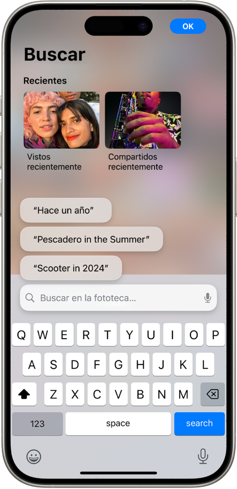 Pantalla Buscar en la app Fotos. En la parte superior de la pantalla están los ítems compartidos o vistos recientemente, seguidos de las búsquedas sugeridas y, a continuación, el campo de búsqueda.